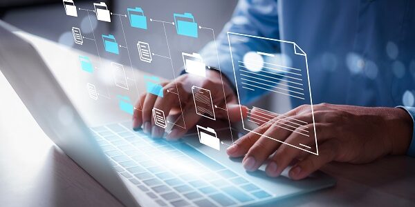 business man using laptop access files document on viritual scre